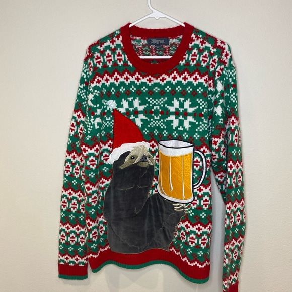 33 Degrees Ugly Christmas Sweater‎ Sloth Holds Beer Men’s XL Pocket For A Drink - Picture 1 of 7
